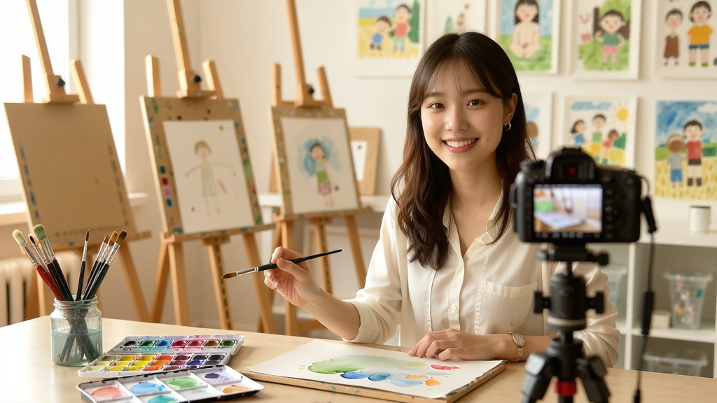一位年轻女美术老师坐在明亮画室里对着摄像头微笑授课,面前摆放着水彩画具,画面构图以老师为中心,背景是整齐的画架和美术作品,风格温暖亲切,细节包括老师手持画笔指向画纸做示范动作,画质高清,干净,无多余元素