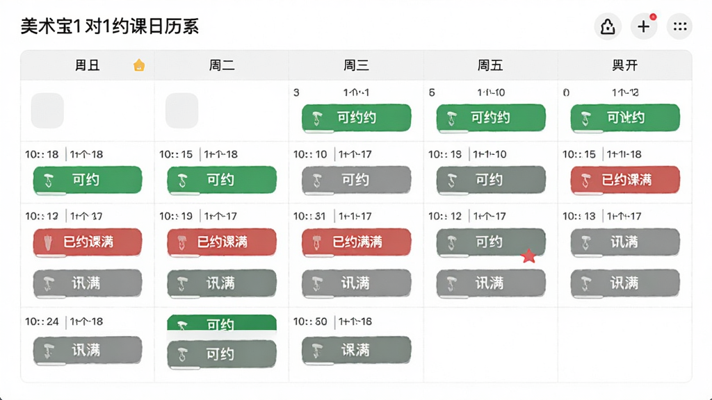 美术宝1对1约课日历界面,画面中显示一周的课程安排,每天有不同时间段的可约课程按钮,部分时段已标红表示已约满,布局为日历表格样式,风格清爽简约,细节包括绿色可约按钮和灰色已满按钮的对比,画质高清,干净,无多余元素