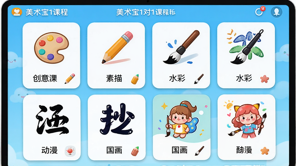 画面展示美术宝1对1课程选择界面,屏幕上排列着创意画、素描、水彩、国画、动漫等课程卡片,每张卡片配有对应风格的插画图标,布局为网格状排列,风格清新活泼,细节包括卡片上的小图标如调色盘、铅笔、毛笔等,画质高清,干净,无多余元素