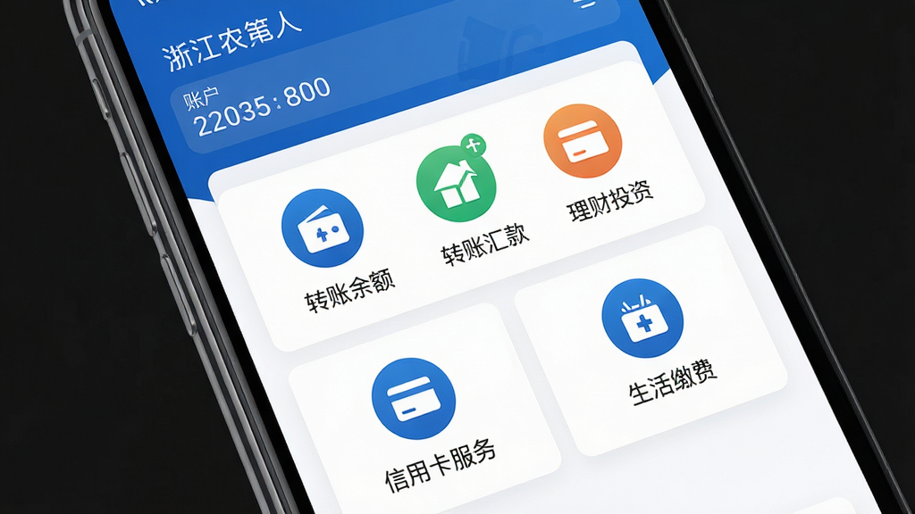 浙江农商人手机应用主界面,展示账户余额、转账汇款、理财投资、信用卡服务、生活缴费等核心功能图标,布局整洁有序,采用蓝白配色,风格专业稳重,细节清晰,画质高清,干净无多余元素
