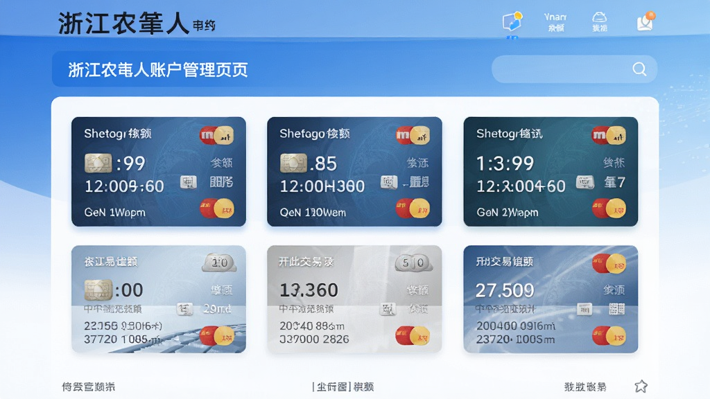 浙江农商人账户管理页面,展示多张银行卡卡片式布局,每张卡显示余额与最近交易记录,界面简洁,蓝白渐变背景,风格商务专业,细节丰富,画质高清,干净无多余元素