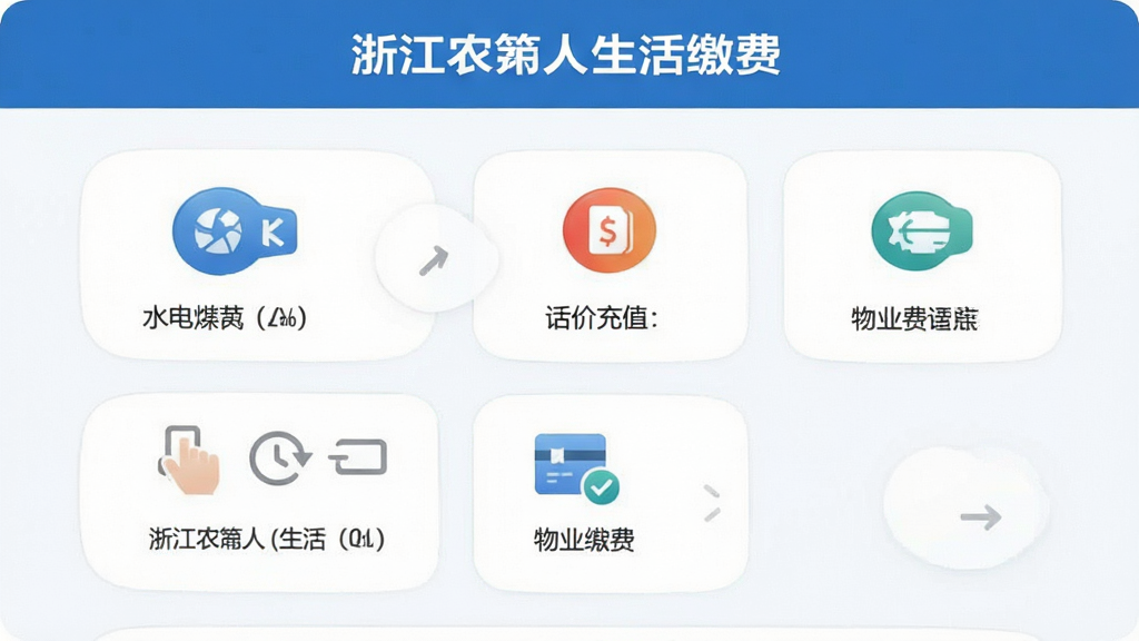 浙江农商人生活缴费页面,展示水电煤、话费充值、物业费等多种缴费入口图标,界面布局整齐,蓝白配色,风格简洁明快,细节清晰,画质高清,干净无多余元素