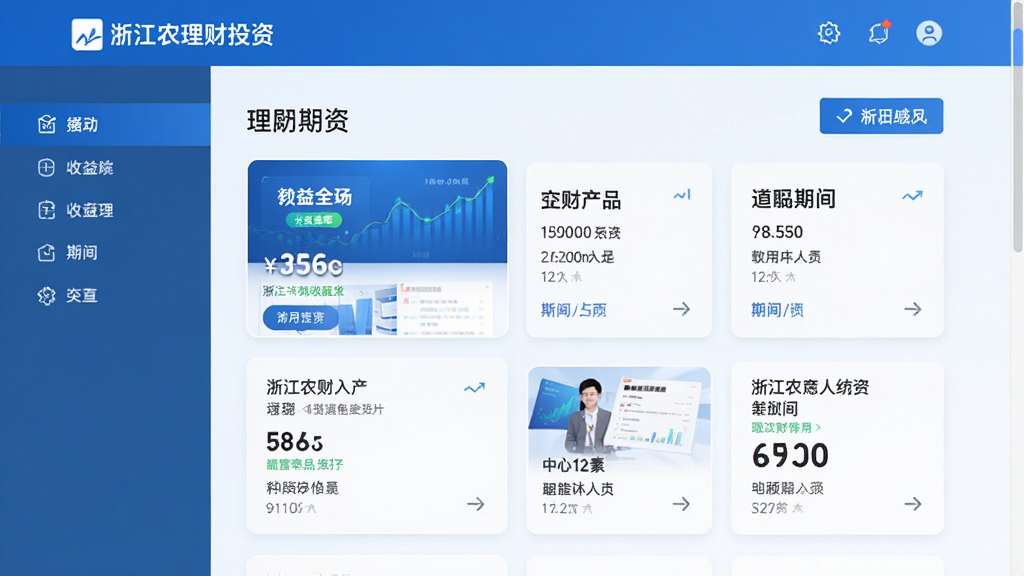 浙江农商人理财投资页面,展示多款理财产品卡片,标注收益率与期限,界面采用蓝白配色,风格清新简洁,细节清晰,画质高清,干净无多余元素