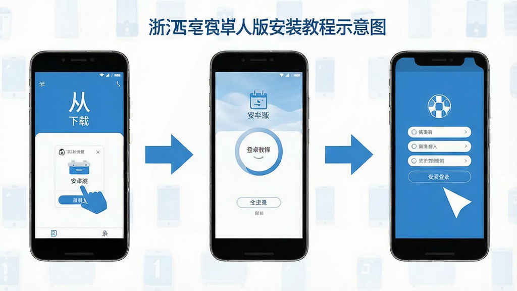 浙江农商人安卓版安装教程示意图,展示从下载到登录的步骤流程,包含手机界面与操作箭头,风格简洁直观,蓝白配色,细节清晰,画质高清,干净无多余元素