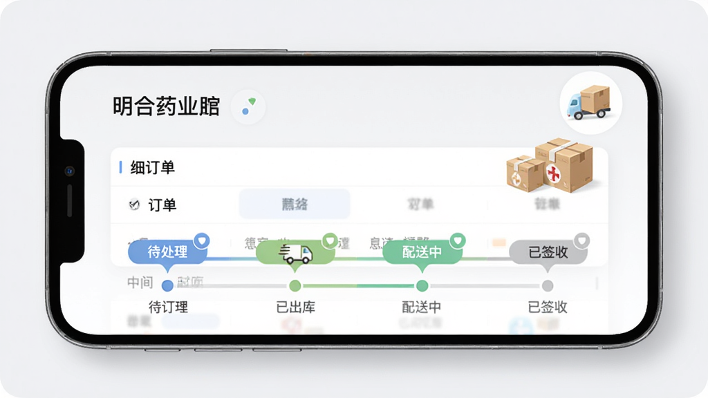 明合药业订单追踪页面展示,手机屏幕显示订单列表和时间轴进度条,包含待处理、已出库、配送中、已签收等状态节点,背景为淡灰色,点缀物流小车和药箱图标,现代简约风格,画面整洁,文字清晰,高画质