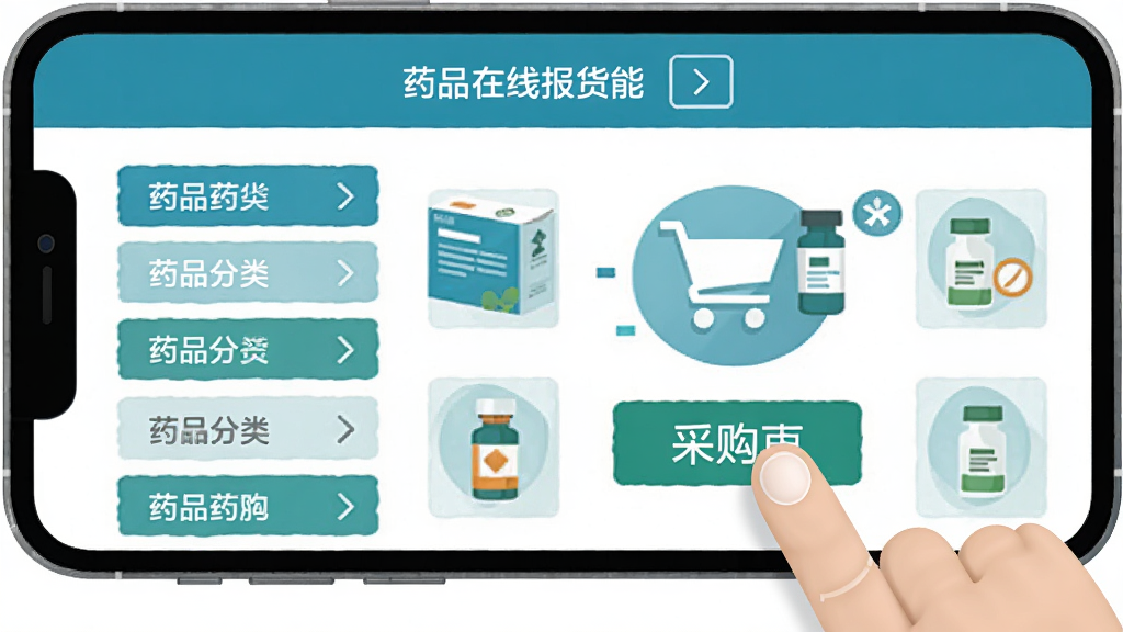 明合药业药品在线报货功能界面,手机屏幕展示药品分类导航和采购车图标,画面中有虚拟手指点击加入采购车按钮,背景为简洁白色,药盒和药品图标有序排列,扁平化插画风格,蓝绿色调,画质清晰,干净无杂乱元素