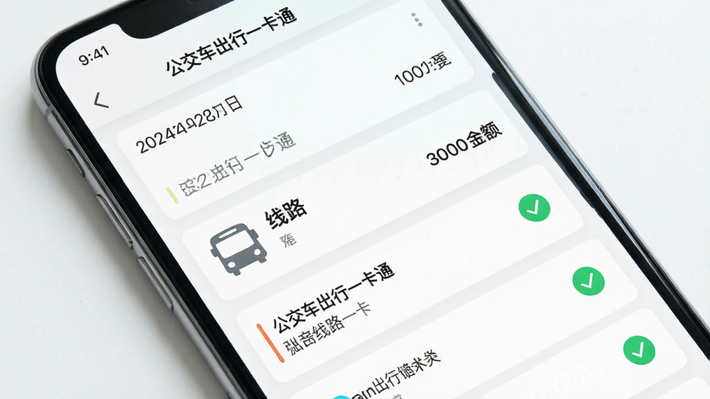 主体是手机屏幕显示出行记录列表页面,布局为手机正面平铺,排版上下结构,风格为清新的UI界面展示图,细节包括日期、线路名称、金额数字、绿色对勾图标,画质高清干净无多余元素,界面中可出现“公交车出行一卡通”应用名称