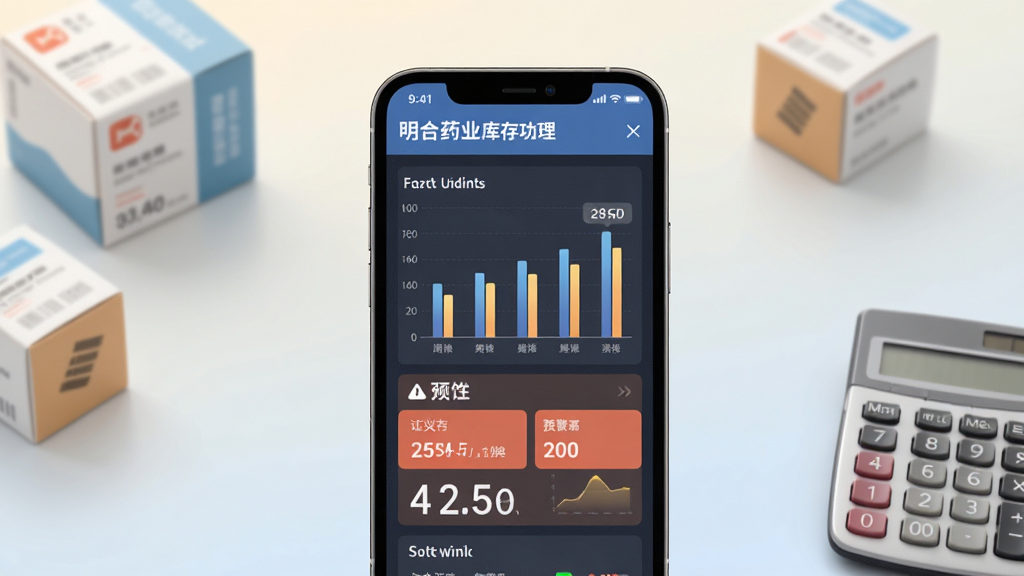 明合药业库存管理功能界面,手机屏幕展示库存数据图表和预警提示,画面中有柱状图和数字标签,背景为浅色渐变,点缀药品盒子和计算器元素,商务简洁风格,画面干净,高画质,无多余装饰