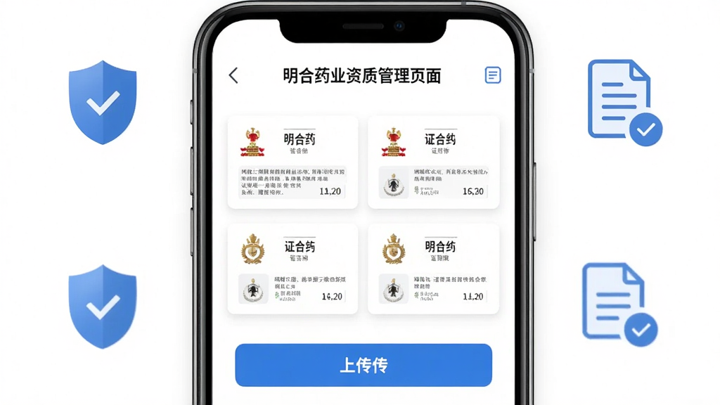 明合药业资质管理页面展示,手机屏幕显示证照卡片列表和上传按钮,背景为白色,点缀盾牌和文件图标,安全可靠的视觉风格,画面简洁,文字清晰,高画质,无杂乱元素