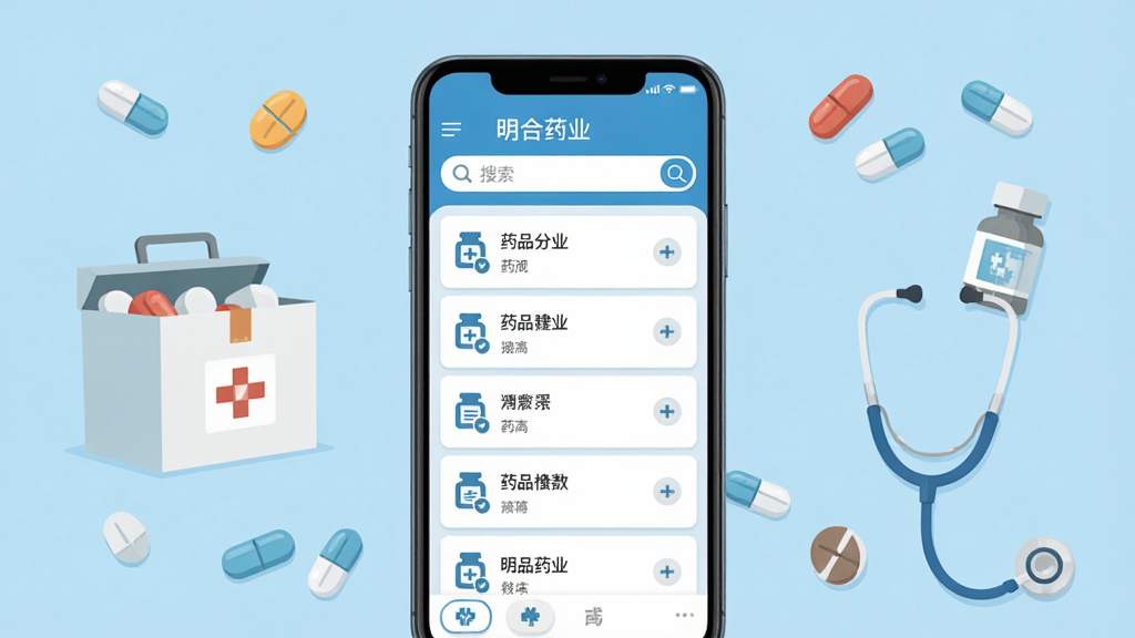 明合药业手机应用主界面展示,画面中央是一部智能手机,屏幕显示药品分类列表和搜索框,背景为浅蓝色医疗风格,周围点缀药片、药箱、听诊器等医疗元素,采用扁平化设计风格,画面干净整洁,文字清晰可辨,整体色调以蓝白为主,高画质,无多余元素