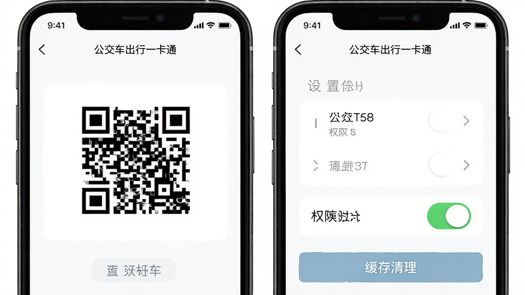 主体是手机屏幕展示公交车出行一卡通乘车码与设置页面并排,布局为左右双屏展示,排版对称,风格为简洁UI示意图,细节包括二维码、权限开关、缓存清理按钮,画质高清干净无多余元素,画面中可出现“公交车出行一卡通”字样
