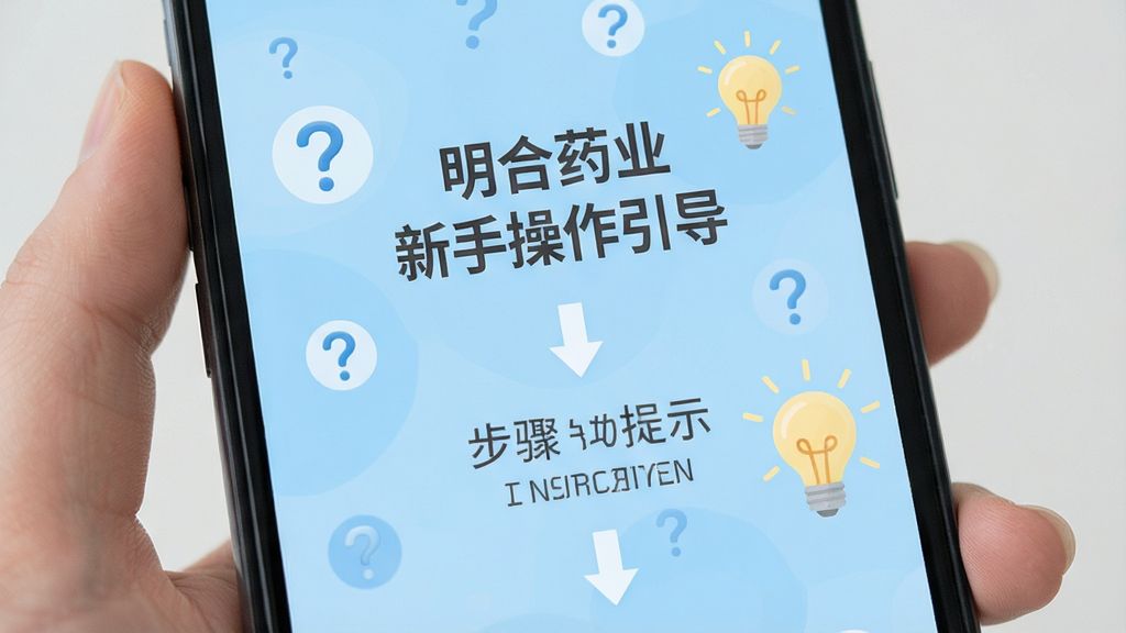 明合药业新手操作引导页面,手机屏幕展示步骤提示和箭头指引,背景为浅蓝色,点缀问号和灯泡图标,简洁明快的风格,画面干净,文字清晰,高画质