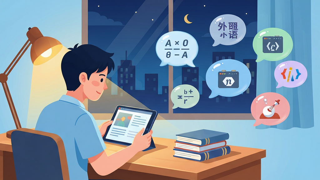 轻舟云课堂海量课程云端畅学场景,画面主体为一位年轻学习者坐在书桌前使用平板电脑观看课程,屏幕上方漂浮着数学、外语、编程、艺术等不同学科的图标气泡,布局采用三分法构图,排版左侧为人物右侧为悬浮课程图标,风格为清新明快的插画风,细节包含暖色调台灯光晕、窗外的城市夜景剪影、书本堆叠的桌面,画质为2K高清,干净整洁,无多余元素