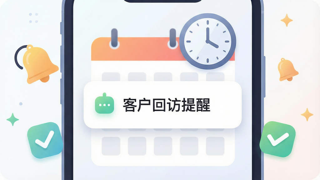 一部手机屏幕特写,屏幕中央弹出日程提醒通知卡片,卡片上写有“客户回访提醒”字样,背景是日历网格与时钟图标组合,手机两侧有铃铛和勾选标记的装饰元素,主体居中,排版简洁,风格为清新扁平化插画,细节包含柔和渐变和圆角设计,画质高清干净无多余元素