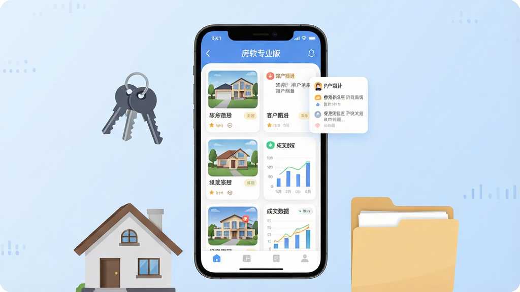 一部智能手机竖屏展示房产中介管理应用界面,屏幕上排列着房源列表卡片、客户跟进提醒和成交数据图表,手机周围环绕着钥匙、房屋模型和文件夹等商务元素,背景为简洁的浅蓝色渐变,主体居中布局,排版清爽有序,风格为现代扁平化UI插画,细节包含圆角图标和清晰的文字标签“房软专业版”,画质高清干净无多余元素