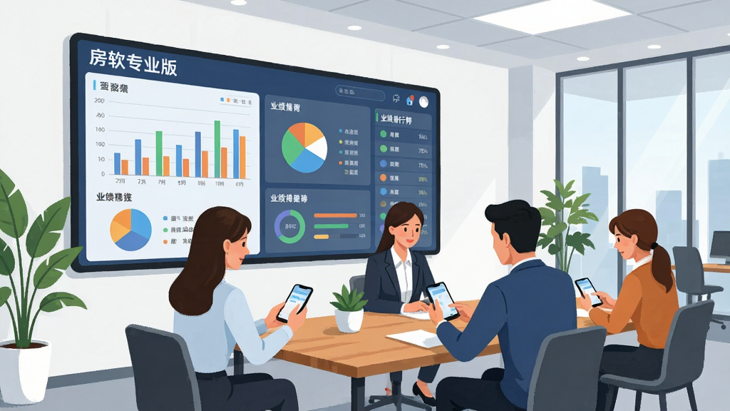 一间明亮的房产门店办公室内,墙上挂着一块大型数据看板,看板上显示柱状图、饼图和业绩排行榜,几位经纪人围坐在桌前用手机查看数据,整体布局开阔,风格为现代商务插画,细节包含木质桌面、绿植和看板上的文字“房软专业版”,画质清晰干净无多余元素