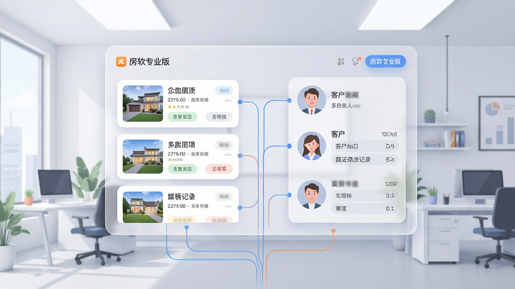 一张房产中介办公场景插画,画面中央是一块悬浮的半透明数据面板,左侧显示房源卡片列表,右侧显示客户头像与跟进记录,面板下方有连接线将房源与客户一一对应,背景是简约的现代办公室,布局左右对称,风格为科技感商务插画,细节包含圆角矩形、柔和阴影和标签文字“房软专业版”,画质清晰干净无多余元素