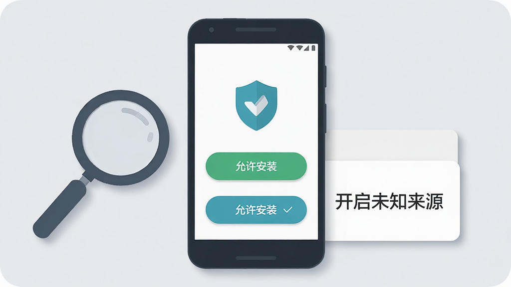 一部安卓手机屏幕上显示应用安装界面,界面中有“允许安装”按钮和盾牌安全图标,手机旁边放着放大镜和提示卡片,卡片上写有“开启未知来源”字样,主体居中,背景为浅灰色,风格为简洁扁平化插画,细节包含圆角按钮和柔和阴影,画质高清干净无多余元素