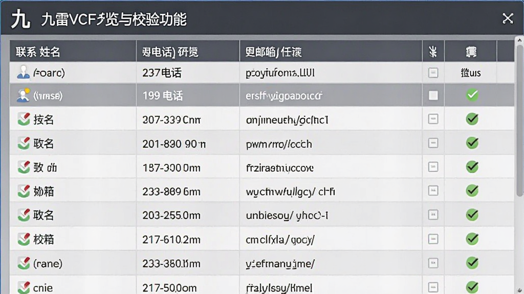 一张展示九雷VCF转换器预览与校验功能的图片,主体为联系人预览界面,布局采用表格形式展示联系人姓名电话邮箱等信息,排版整齐规范,风格为商务办公风,细节包含表头、数据行、校验状态图标,画质清晰,画面干净,无多余元素