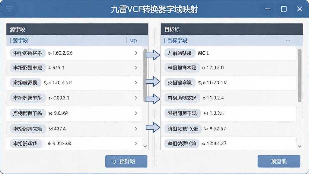 一张展示九雷VCF转换器字段映射功能的图片,主体为字段对应关系设置界面,布局采用左右对照式设计,排版左侧为源字段列表右侧为目标字段列表,风格为专业工具风,细节包含拖拽箭头、字段名称标签、预览按钮,画质清晰,界面干净,无多余元素