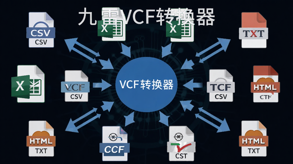 一张展示九雷VCF转换器多格式转换功能的图片,主体为格式转换示意图,布局采用中心辐射式结构,排版以VCF文件为核心向四周发散出CSV、Excel、TXT、HTML等格式图标,风格为扁平化科技风,细节包含不同格式的文件图标和双向箭头,画质清晰,画面干净,无多余元素,图片中打文字“九雷VCF转换器”