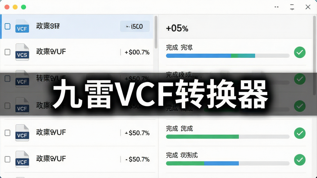 一张展示九雷VCF转换器批量处理功能的图片,主体为多个VCF文件同时转换的场景,布局采用列表式排列,排版左侧为文件列表右侧为转换进度条,风格为清爽办公风,细节包含多个文件图标、进度百分比数字、完成勾选标记,画质清晰,界面干净,无多余元素,图片中打文字“九雷VCF转换器”