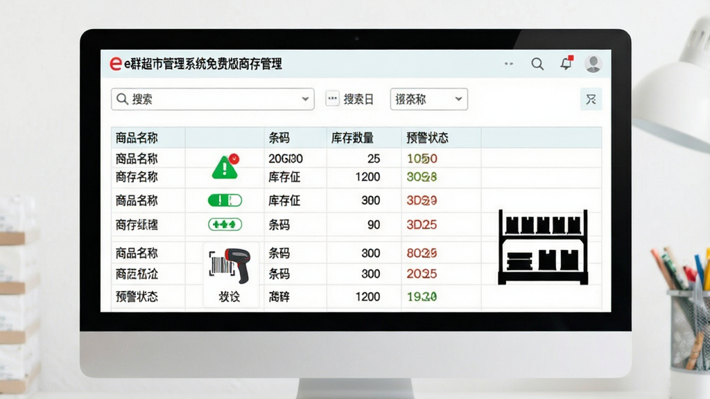 一张e群超市管理系统免费版商品库存管理界面的图片,画面主体为电脑屏幕显示的库存管理表格,布局上方为搜索与筛选栏,中间为商品名称、条码、库存数量、预警状态等列,排版规整,风格为清爽浅色商务风,细节包含绿色预警标识、扫码枪图标、货架剪影,画质清晰,干净无多余元素