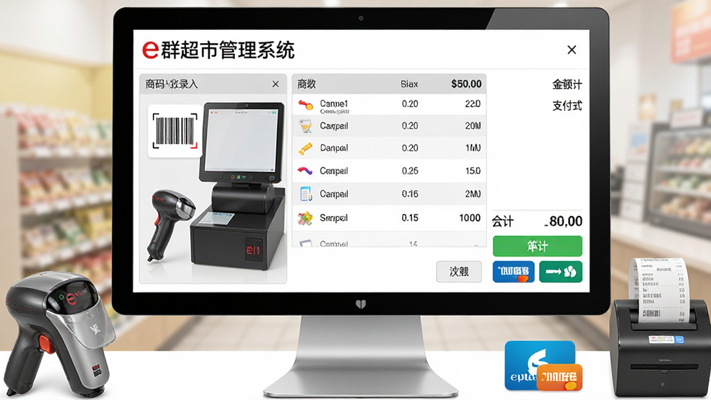 一张e群超市管理系统免费版收银结算界面的图片,画面主体为电脑屏幕显示的收银台页面,布局左侧为商品扫码录入区,中间为购物清单列表,右侧为金额合计与支付方式按钮,排版简洁,风格为明快商务风,细节包含扫码枪、小票打印机、支付图标,画质高清,画面干净,无多余元素