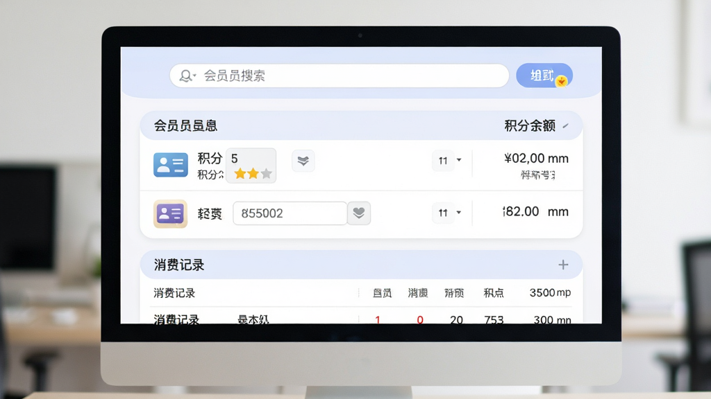 一张e群超市管理系统免费版会员管理界面的图片,画面主体为电脑屏幕显示的会员信息页面,布局上方为会员搜索栏,中间为会员列表与积分余额,下方为消费记录,排版整齐,风格为柔和圆角商务风,细节包含会员卡图标、积分星星、手机号字段,画质清晰,干净无多余元素