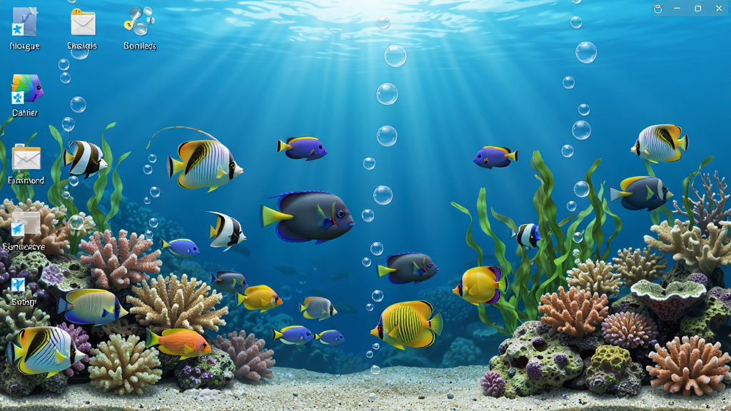 动态水族馆桌面软件主界面,蓝色海底场景,热带鱼群游动,珊瑚礁石,水草摇曳,气泡上升,桌面图标悬浮在水景上方,画面明亮清晰,风格写实,细节丰富,画质高清,干净无多余元素