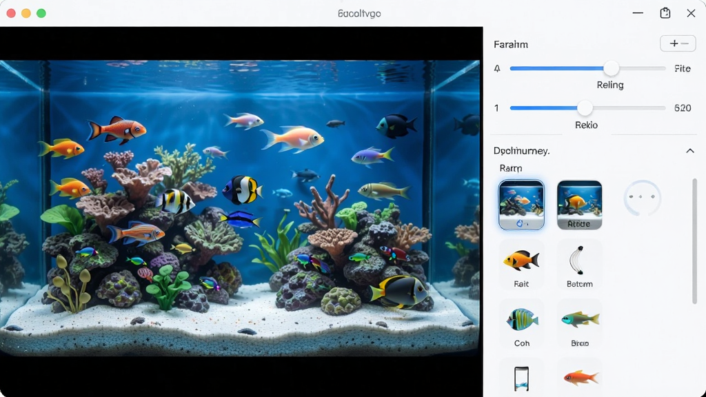 动态水族馆桌面自定义设置界面,左侧为水族馆预览,右侧为参数调节滑块和鱼类选择列表,界面布局清晰,风格现代简约,画质高清,干净无多余元素