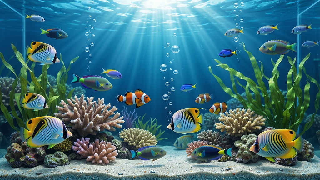 动态水族馆桌面逼真海底场景,多条热带鱼在珊瑚间穿梭,阳光透过水面形成光柱,气泡缓缓上升,水草随水流摆动,画面写实细腻,色彩鲜艳,画质高清,干净无多余元素