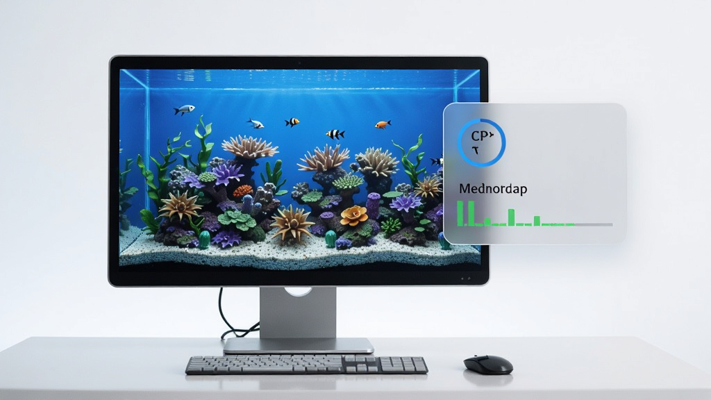 动态水族馆桌面低资源占用示意图,电脑屏幕显示水族馆壁纸,旁边悬浮性能监控面板显示CPU和内存占用极低,风格简约科技感,画面干净,画质清晰,无多余元素