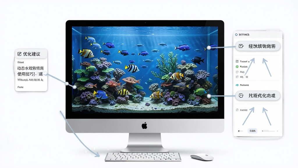 动态水族馆桌面使用技巧示意图,电脑屏幕显示水族馆壁纸,旁边有设置面板和优化建议文字标注,风格简洁明了,画质清晰,干净无多余元素