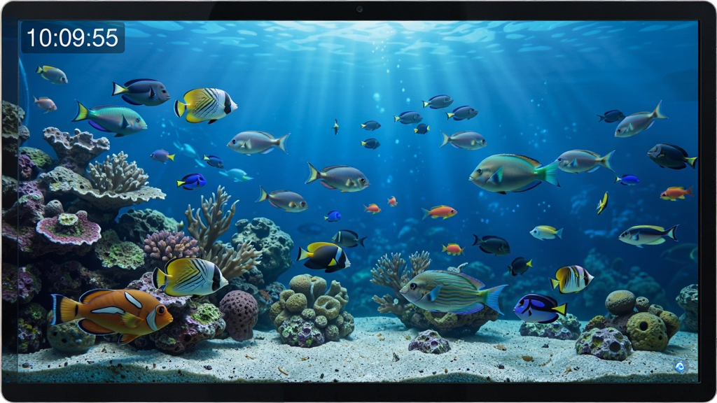 动态水族馆桌面屏保模式,电脑屏幕全屏显示海底世界,鱼群自由游动,屏幕角落显示时间,画面唯美宁静,风格写实,画质高清,无多余元素
