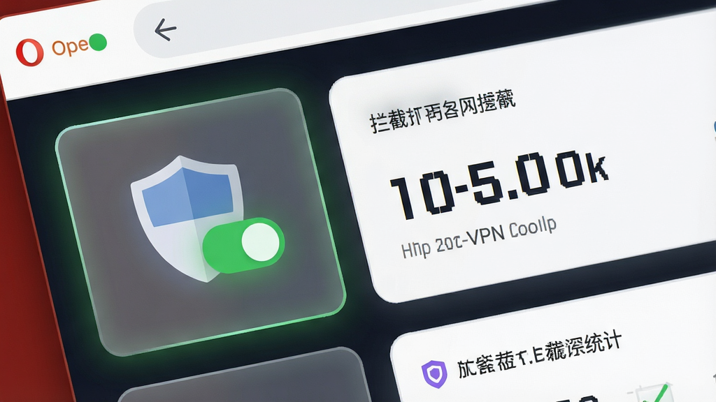一张展示Opera桌面浏览器隐私安全功能的特写图,主体为浏览器设置面板中的VPN开关与广告拦截统计界面,布局采用卡片式设计,左侧为盾牌图标与绿色开启状态,右侧为拦截计数数字,排版清晰直观,风格为扁平化科技感,细节上带有微弱的发光边缘与磨砂玻璃质感,画质清晰,干净,无多余元素
