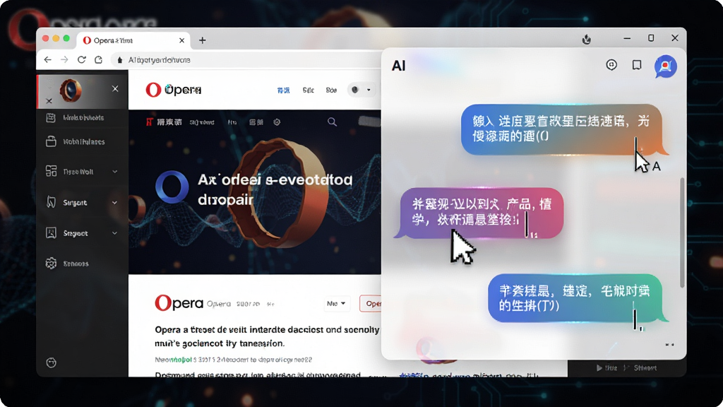一张展示Opera桌面浏览器AI助手交互场景的图片,主体为浏览器侧边栏弹出的聊天对话框,布局左侧为网页正文,右侧为AI对话气泡,排版采用对话流形式,风格为未来科技感,细节上对话气泡带有渐变色与打字光标,画质清晰,干净,无多余元素