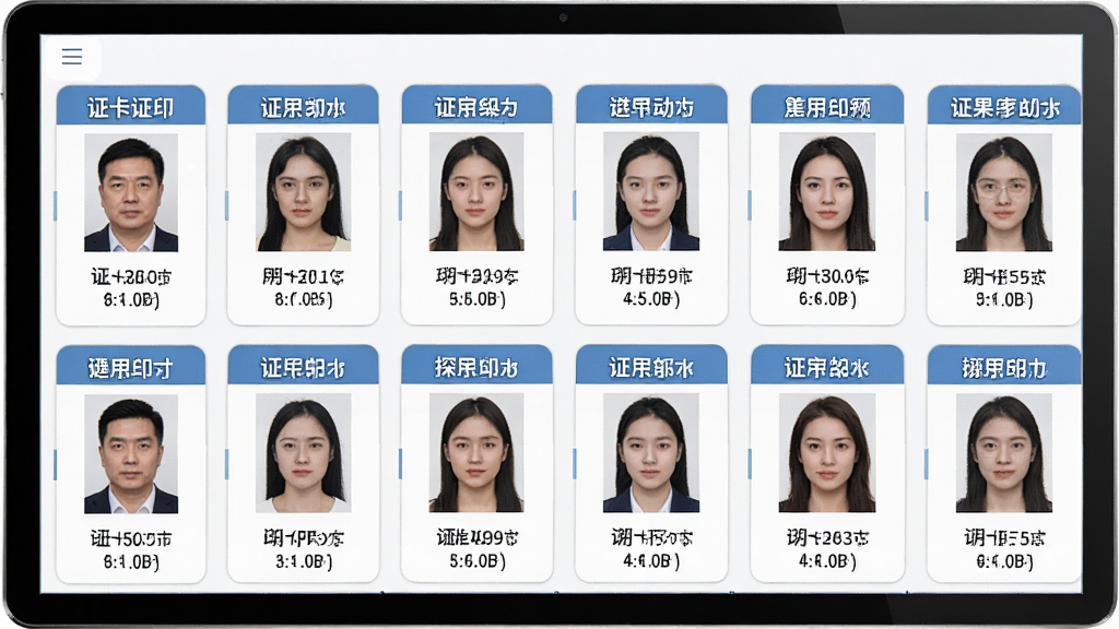 证卡照片打印系统模板选择界面,画面中排列着多种证件照规格卡片,每张卡片上标注规格名称和尺寸,界面风格清爽,布局整齐,画质清晰,干净无多余元素