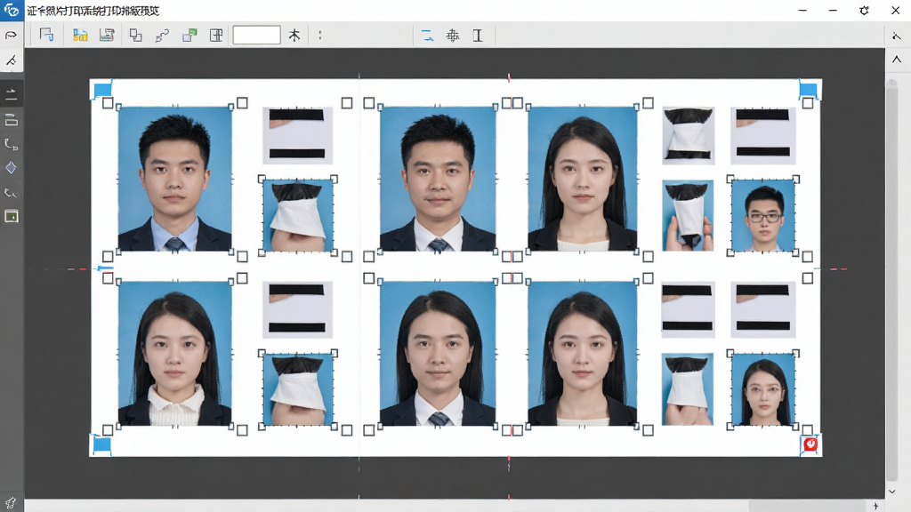 证卡照片打印系统打印排版预览界面,画面中一张六寸相纸上整齐排列着多张一寸和二寸证件照,带有裁剪标记线,界面风格专业,布局清晰,画质干净,无多余元素