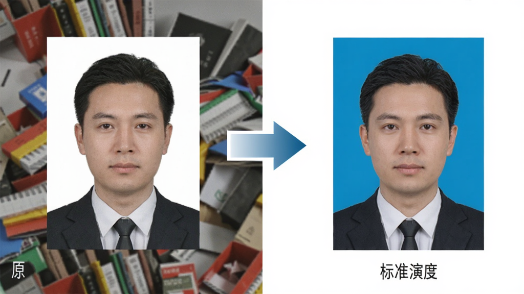 证卡照片打印系统智能换底功能演示,画面左侧为原图带杂乱背景,右侧为换底后的标准蓝底证件照,中间有过渡箭头,风格为功能演示图,画质干净,无多余元素