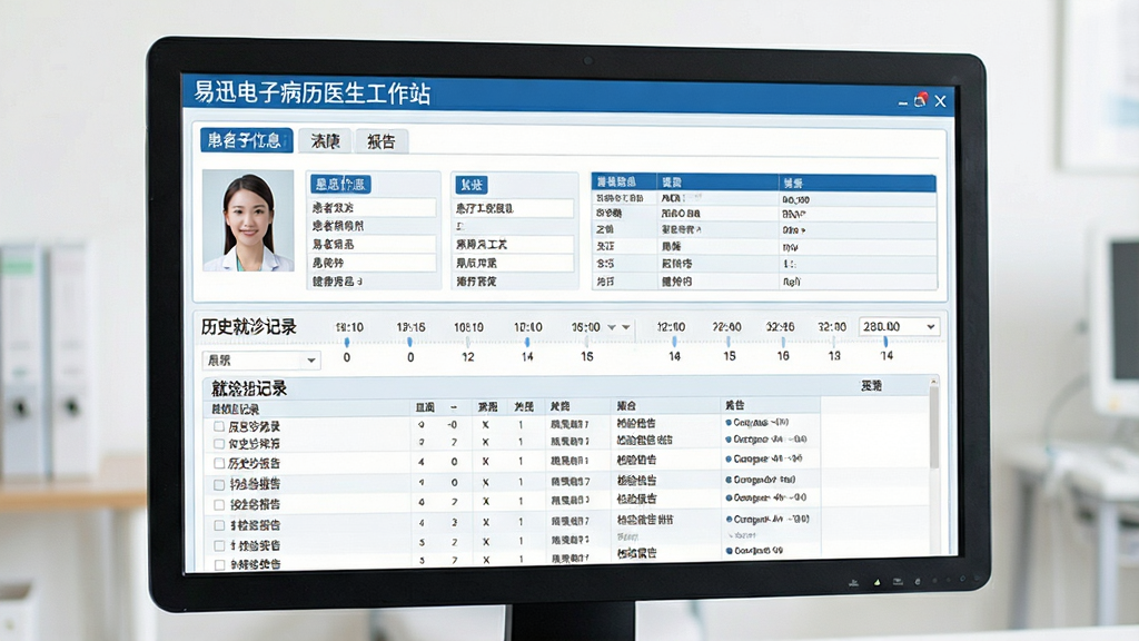 一张展示易迅电子病历医生工作站患者信息调阅功能的图片,画面主体为电脑屏幕显示患者完整健康档案界面,布局为上下结构,上方为患者基本信息,下方为历史就诊记录和检验报告列表,排版整齐,风格为医疗信息化系统界面风格,细节包含蓝色标签、数据表格、时间轴元素,画质高清,画面干净,无多余元素