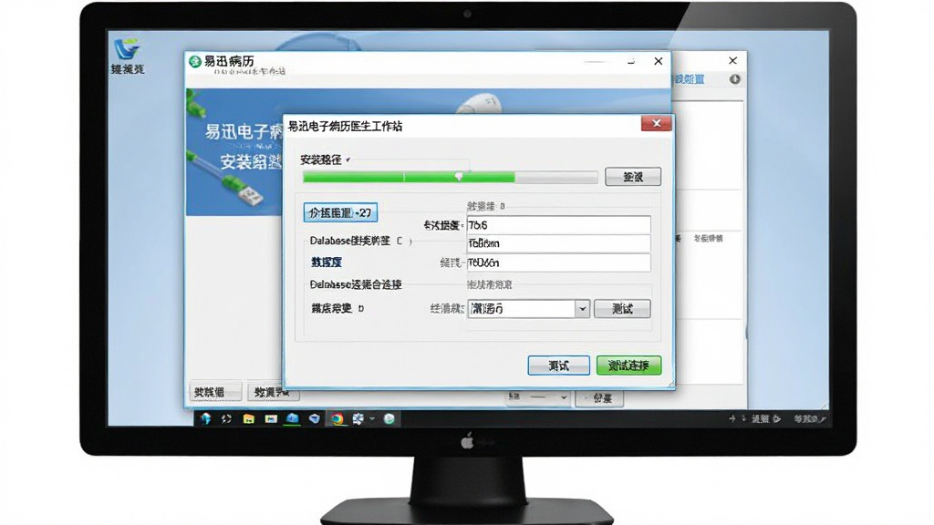 一张展示易迅电子病历医生工作站安装配置界面的图片,画面主体为电脑屏幕显示软件安装向导和数据库配置窗口,布局为居中弹窗式,排版突出安装路径选择和数据库连接参数填写区域,风格为软件安装界面风格,细节包含进度条、浏览按钮、测试连接按钮,画质清晰,画面干净,无多余元素