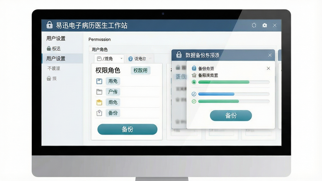 一张展示易迅电子病历医生工作站数据安全与权限管理功能的图片,画面主体为电脑屏幕显示权限设置界面和数据备份选项,布局为居中构图,排版突出权限角色列表和备份按钮,风格为系统设置界面风格,细节包含锁形图标、用户角色标签、备份进度条,画质高清,画面干净,无多余元素