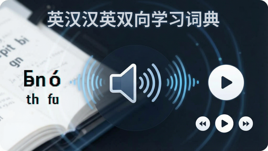 一张表现英汉汉英双向学习词典发音朗读功能的图片。画面中央是一个扬声器图标与声波纹理,左侧显示单词和音标,右侧显示发音按钮。布局为居中放射式,风格为简洁现代风,细节包括声波动画效果、音标符号和播放控制按钮,画质清晰干净,无多余元素,图片中文字为“英汉汉英双向学习词典”。