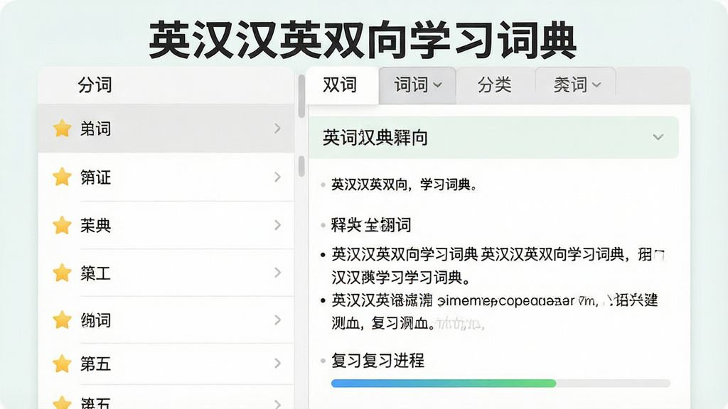 一张展示英汉汉英双向学习词典生词收藏与复习功能的图片。画面中央是一个生词本界面,左侧为单词列表,右侧为选中单词的释义和例句,顶部有分类标签。布局为列表加详情式,风格为清新学习风,细节包括星标图标、分类标签和复习进度条,画质清晰干净,无多余元素,图片中文字为“英汉汉英双向学习词典”。