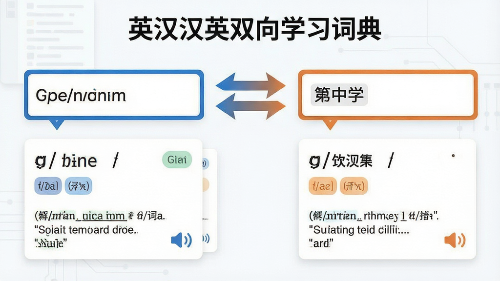 一张表现英汉汉英双向学习词典双向查询功能的图片。画面左侧为英文输入框,右侧为中文输入框,中间用双向箭头连接,箭头下方展示词条释义卡片。布局为左右对称式,排版清晰,风格为扁平化科技风,细节包括音标符号、词性标签、例句文本和发音图标,画质清晰干净,无多余元素,图片中文字为“英汉汉英双向学习词典”。