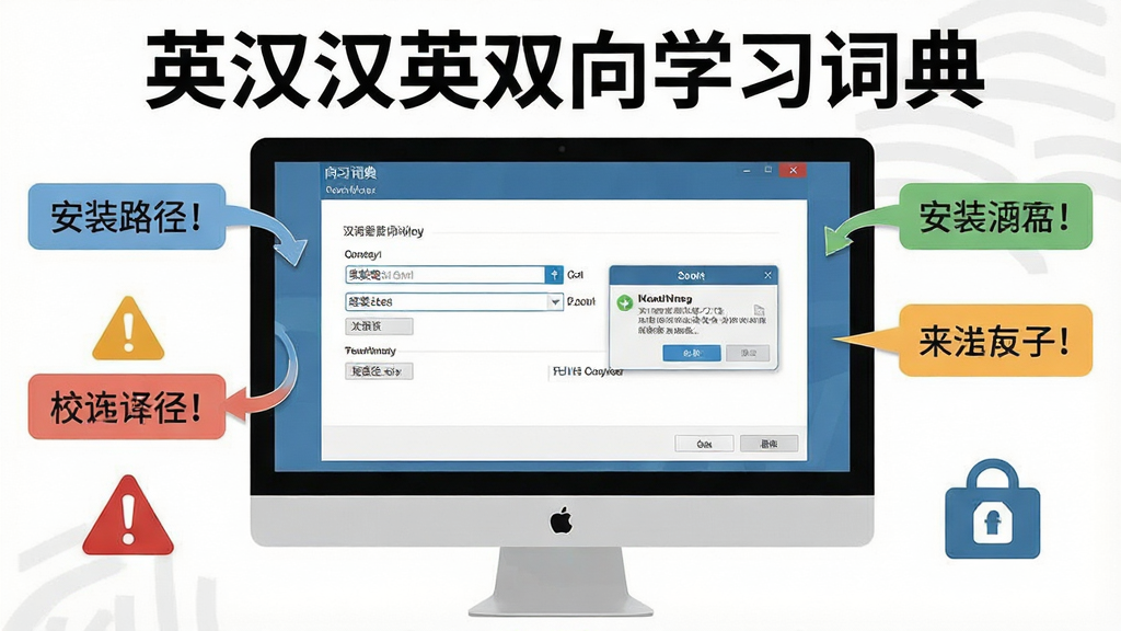 一张展示英汉汉英双向学习词典安装与使用注意事项的图片。画面中央是一台电脑屏幕,屏幕上显示安装向导界面,周围有提示标签和警告图标。布局为居中展示式,风格为扁平化教程风,细节包括安装路径选择框、权限提示弹窗和备份图标,画质清晰干净,无多余元素,图片中文字为“英汉汉英双向学习词典”。