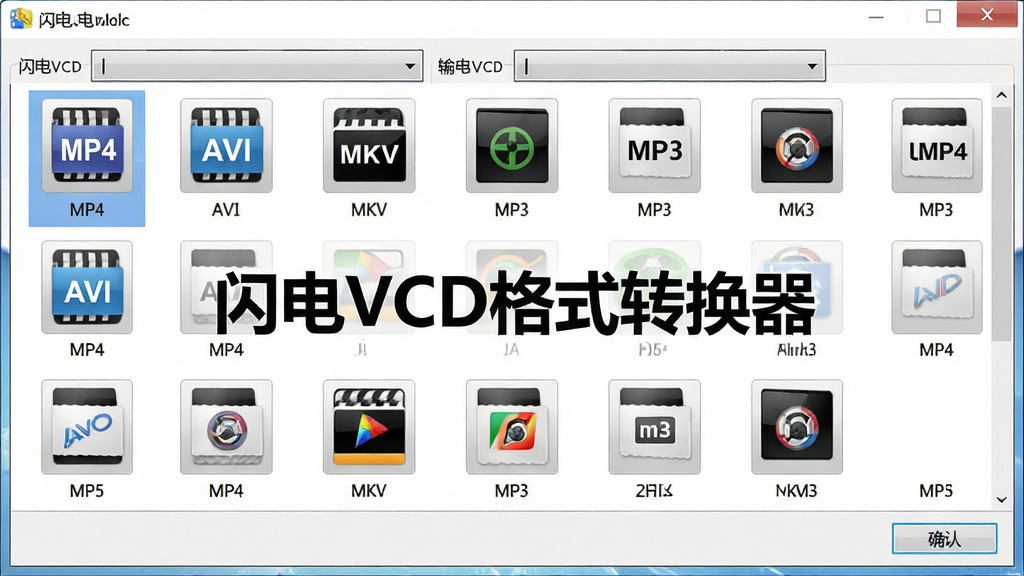 一张展示闪电VCD格式转换器格式选择界面的图片,画面中软件窗口内显示多种输出格式图标,包括MP4、AVI、MKV、MP3等,图标排列整齐,界面风格简洁现代,背景为浅色,画面中央有“闪电VCD格式转换器”文字标识,整体布局清晰,排版规整,采用写实软件界面风格,细节包括格式图标、下拉菜单、确认按钮等,画质清晰,干净,无多余元素