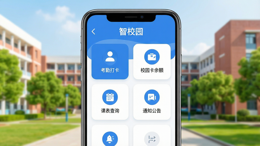 画面主体为一部智能手机,屏幕中显示智慧校园App界面,界面顶部有“智校园”文字标识,页面包含考勤打卡、校园卡余额、课表查询、通知公告等模块图标,背景为明亮校园教学楼与绿树,布局为手机正面居中展示,风格为现代扁平化UI设计,细节包括图标圆角、蓝色主色调、白色卡片式布局,画质清晰干净,无多余元素