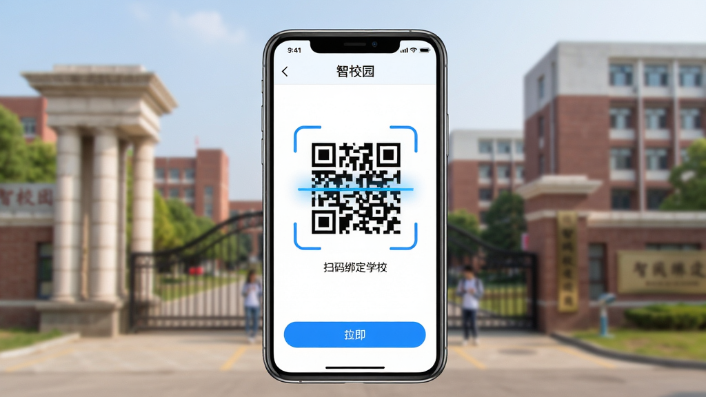 画面主体为一部手机展示“智校园”App扫码绑定学校界面,屏幕中显示二维码扫描框与提示文字“扫码绑定学校”,布局为手机居中、背景为校园大门与教学楼虚化,风格为现代简洁UI设计,细节包括蓝色扫描框线、白色背景、底部操作按钮,画质清晰干净,无多余元素